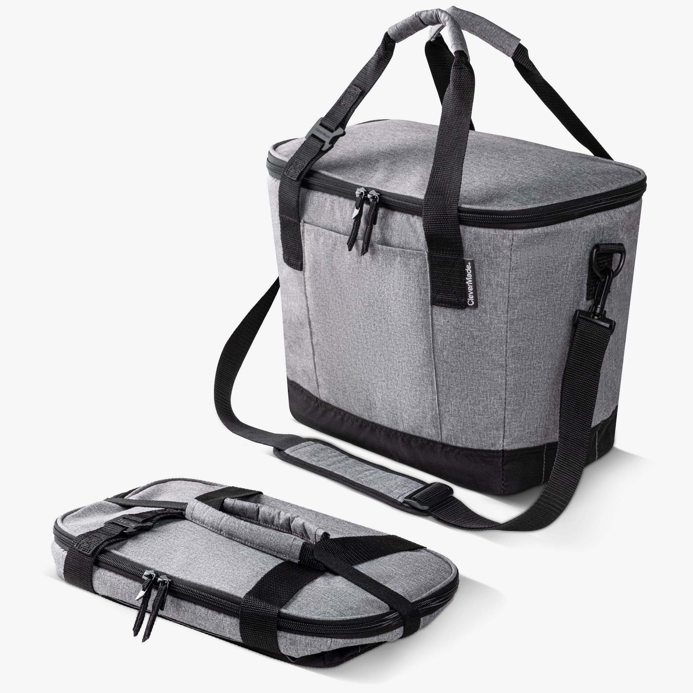Eco Tahoe Collapsible Cooler (30 can) made of grey fabric, shown both expanded and collapsed.