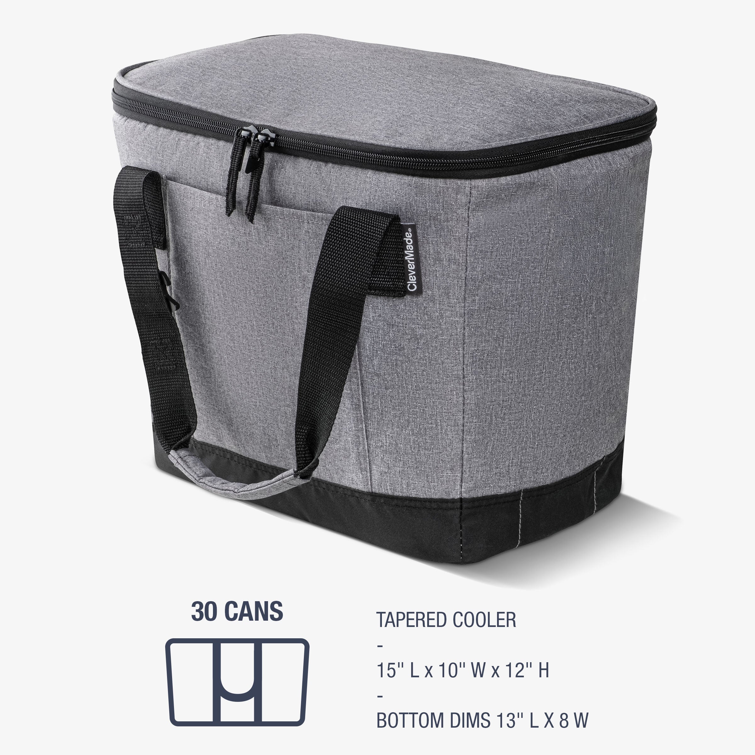 Gray cooler bag with black handles on a white background