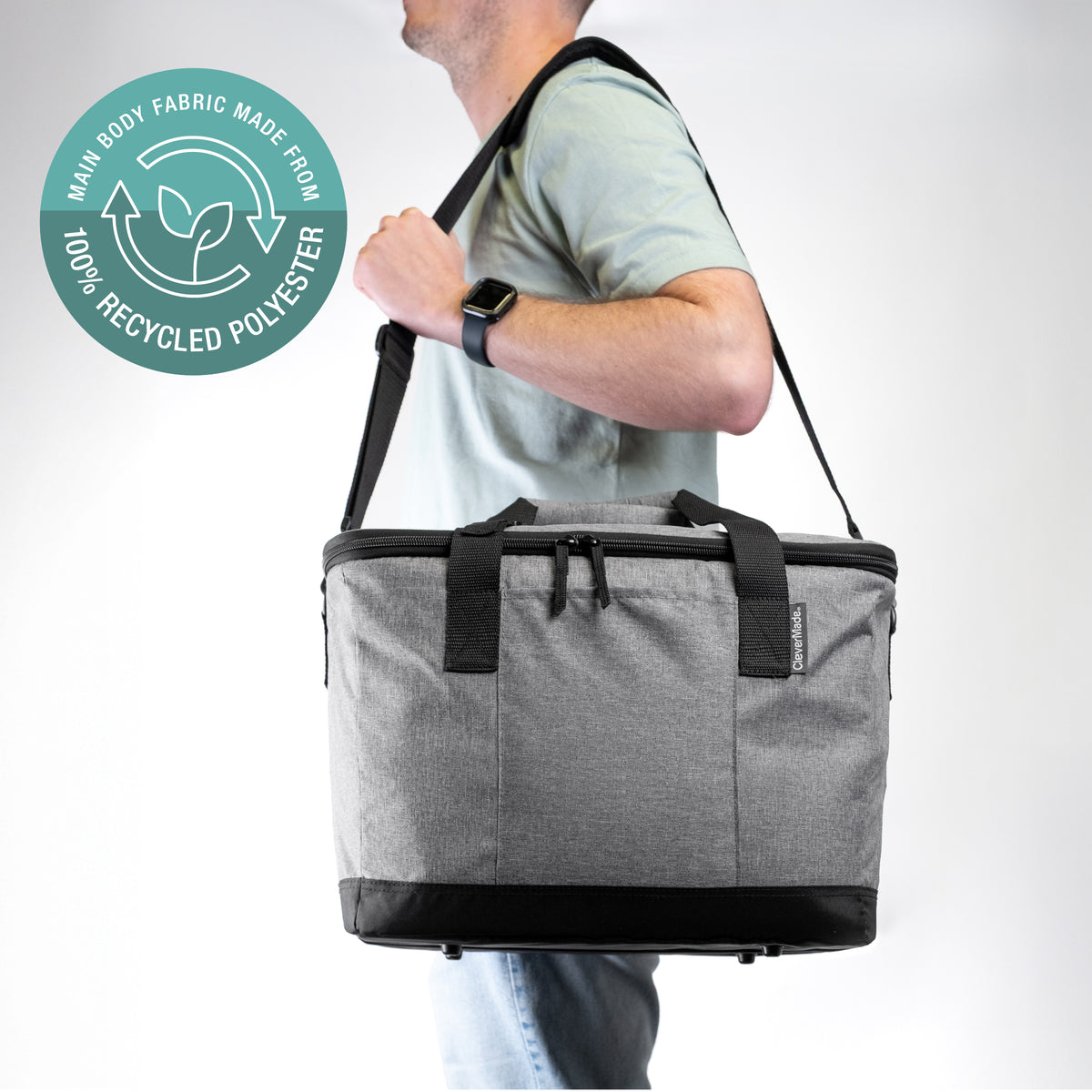 A man carrying Eco Tahoe Collapsible Cooler bag (50 can) that is made of 100% recycled polyester
