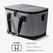 Gray cooler bag with black handles and trim on a white background