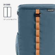 CleverMade Blue cooler bag with brown strap can carry 24 cans