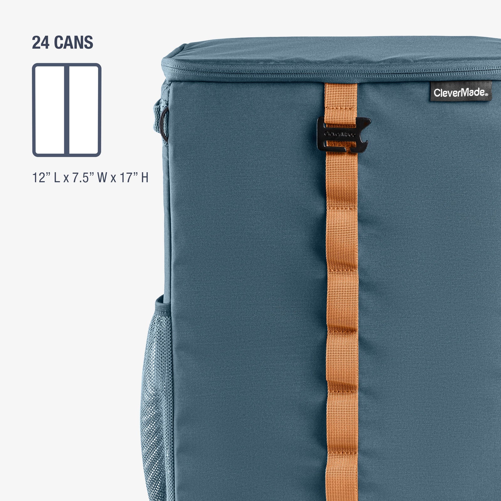 CleverMade Blue cooler bag with brown strap can carry 24 cans