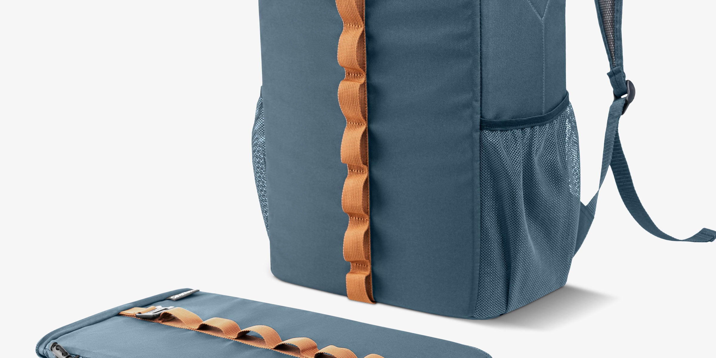 Blue Collapsible Backpack Cooler with brown straps on a white background