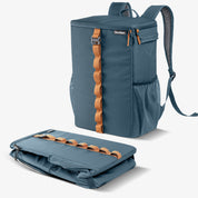 Blue Collapsible Backpack Cooler with brown straps on a white background