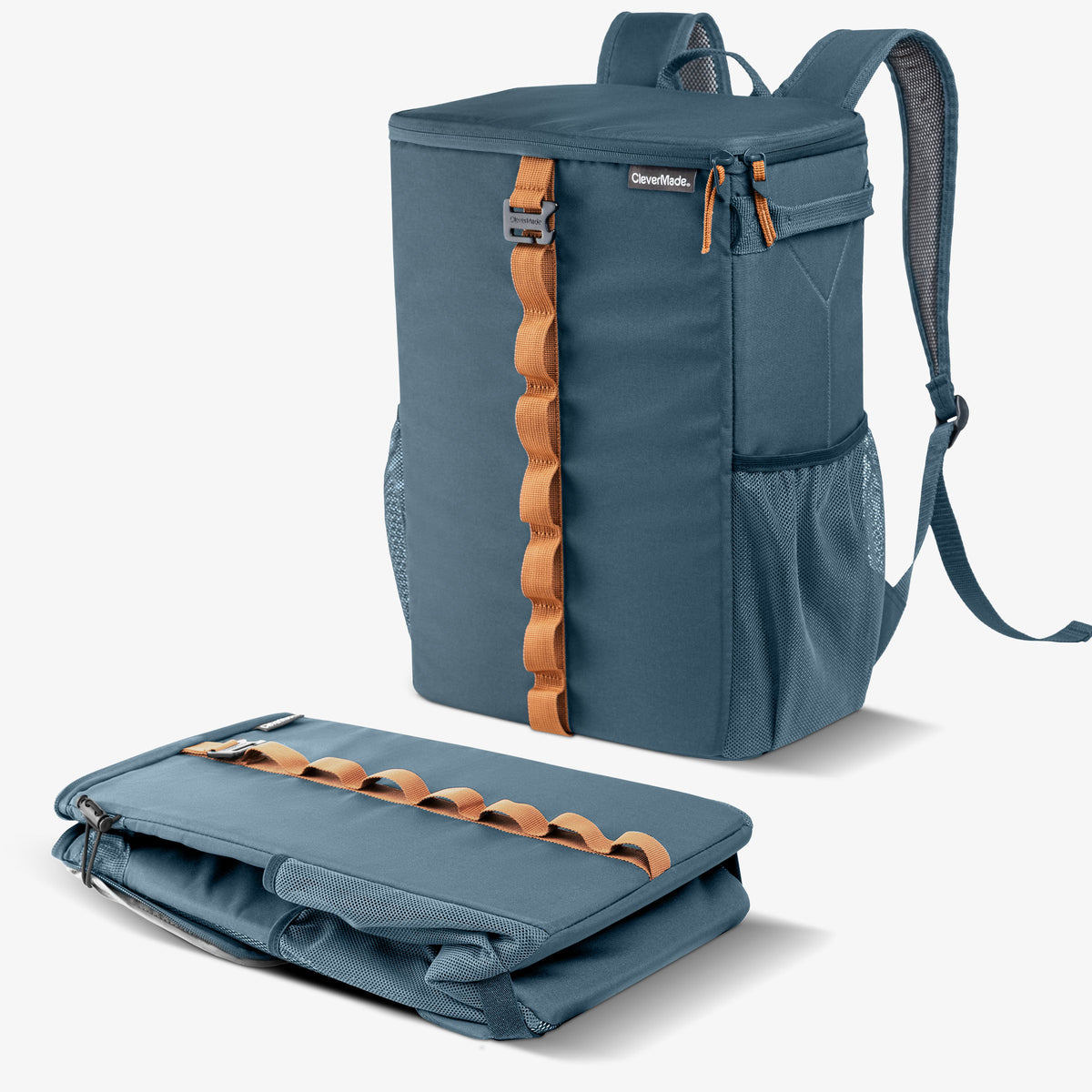 Blue Collapsible Backpack Cooler with brown straps on a white background