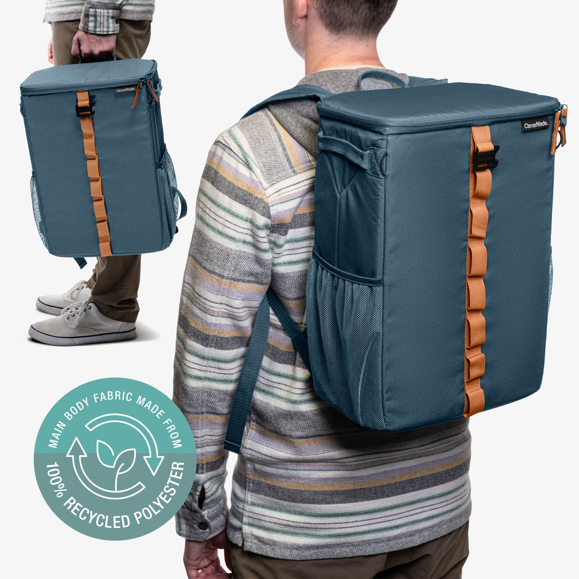 Person wearing a blue insulated backpack with brown straps, 100% Recycled Polyester