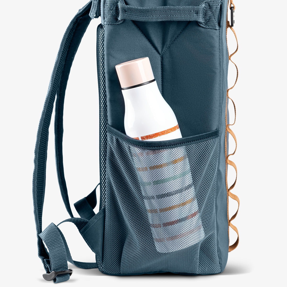 Blue backpack cooler with a water bottle in a mesh pocket on a white background
