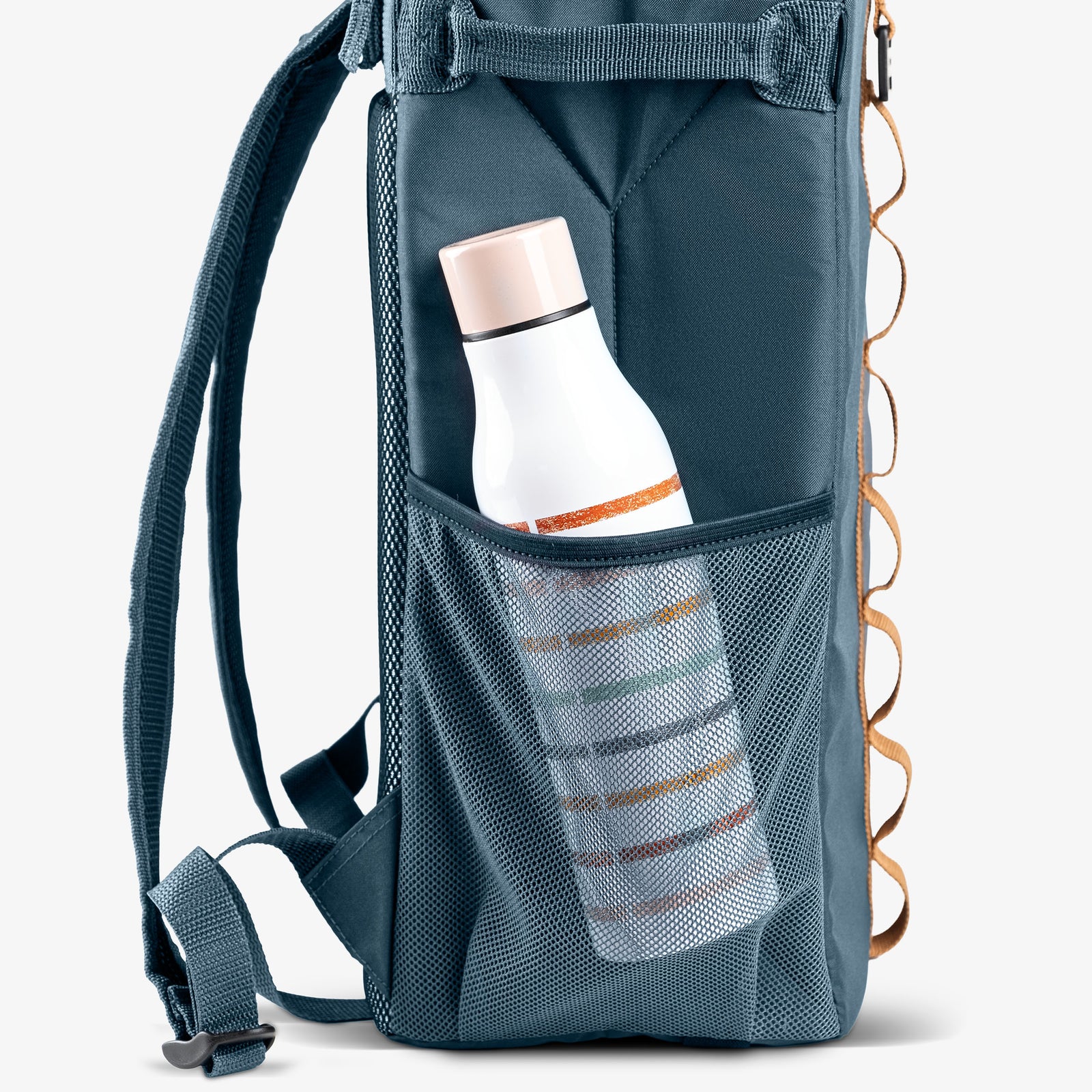 Blue backpack cooler with a water bottle in a mesh pocket on a white background