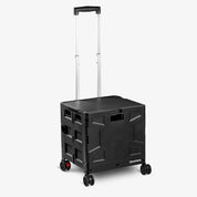 A collapsible wheeled crate with four wheels, a retractable handle, in a black  color scheme, with brand CleverMade.