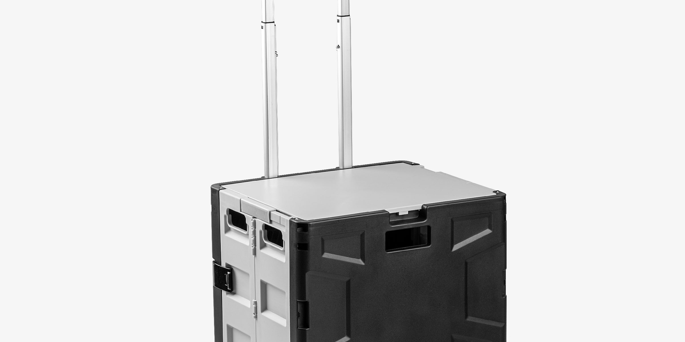 A collapsible wheeled crate with four wheels, a retractable handle, and a black and gray color scheme.