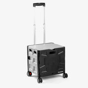A collapsible wheeled crate with four wheels, a retractable handle, and a black and gray color scheme.