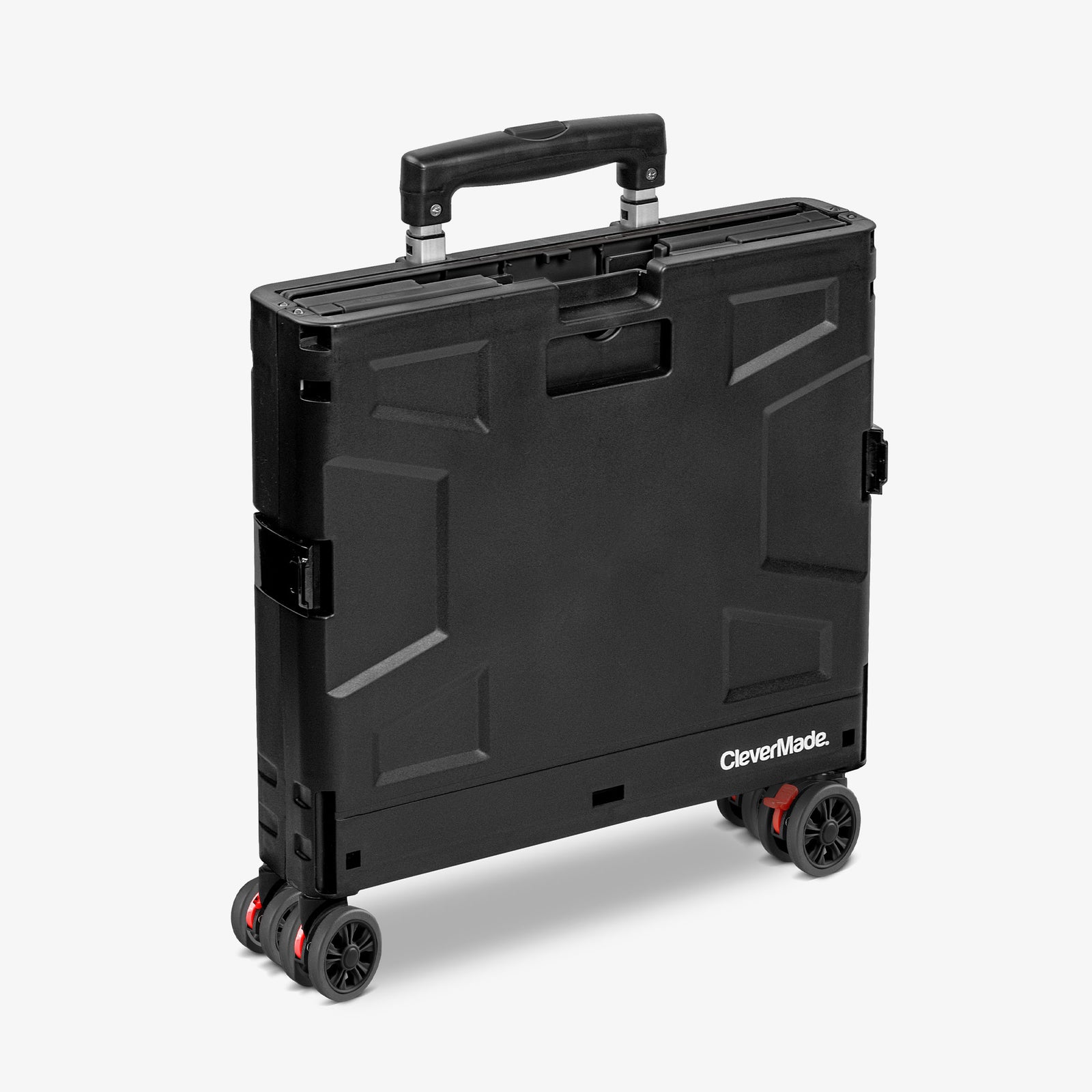 A folded collapsible wheeled crate with four wheels, a retractable handle, in black color scheme.