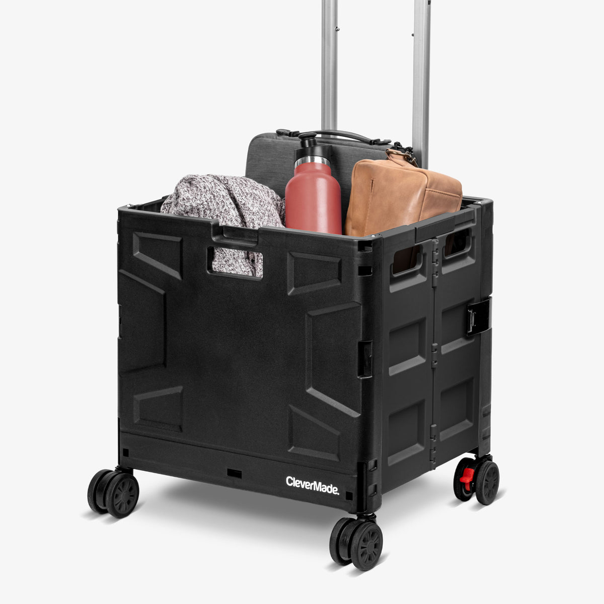 Black CleverMade rolling cart with items on a white background