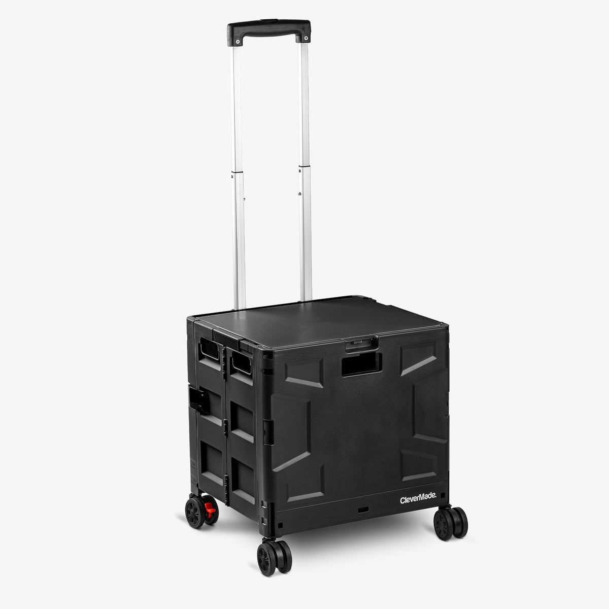 A collapsible wheeled crate with four wheels, a retractable handle, in a black  color scheme, with brand CleverMade.