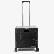 A collapsible wheeled crate with four wheels, a retractable handle, and a black and gray color scheme, with brand CleverMade.