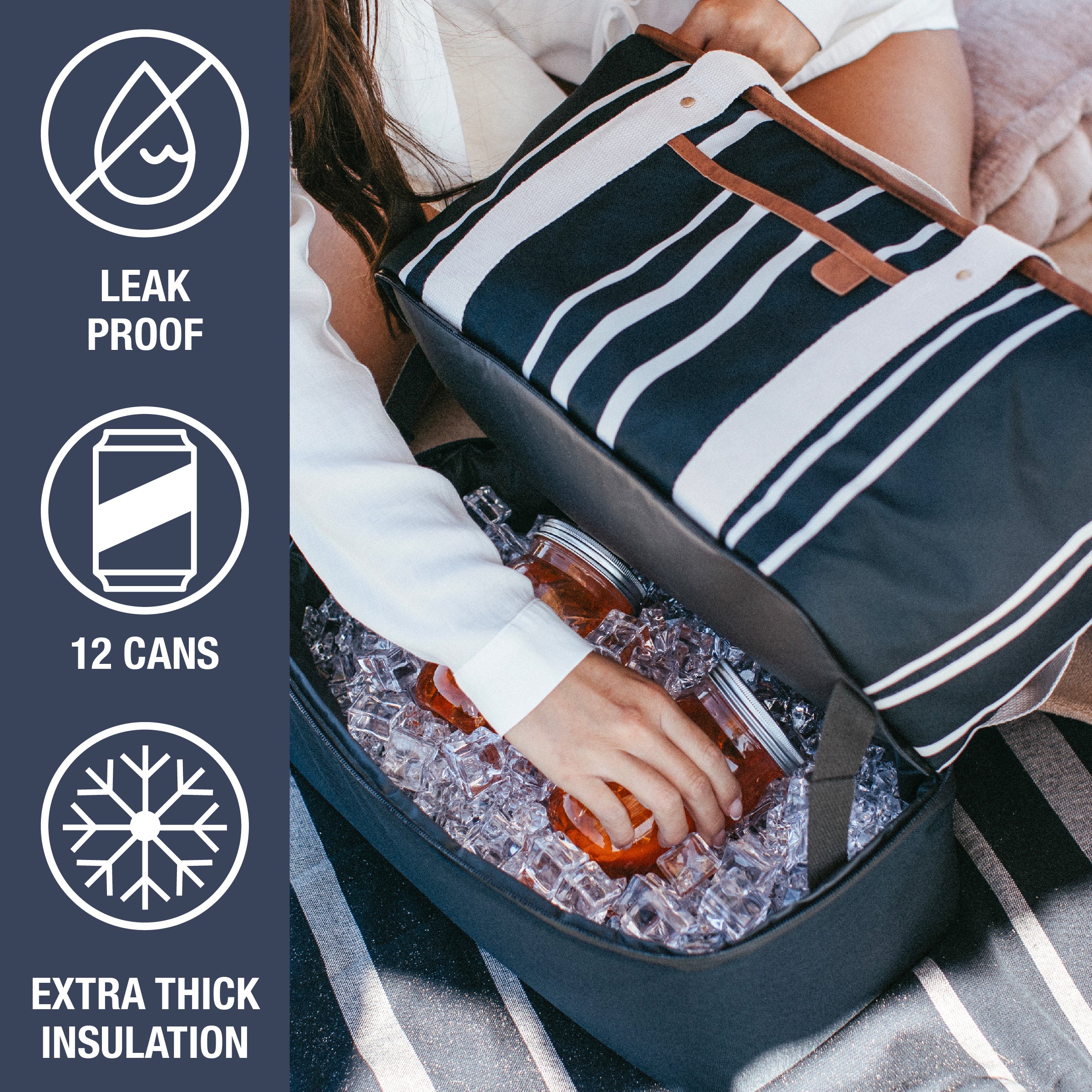 CleverMade Premium Soft Sided Malibu 9QT Cooler Tote Navy Striped
